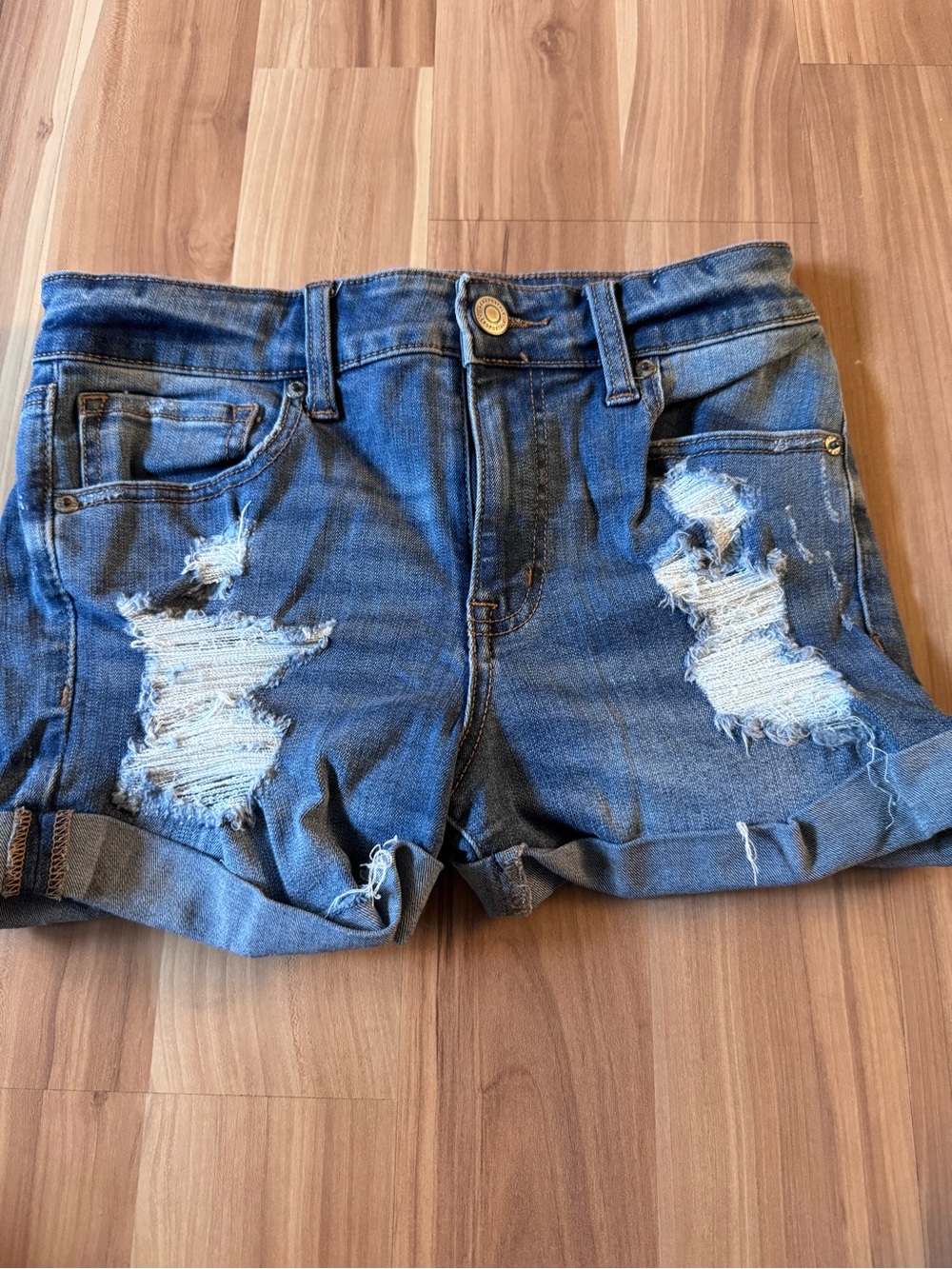Distressed Rolled Hem Denim Shorts - Blue